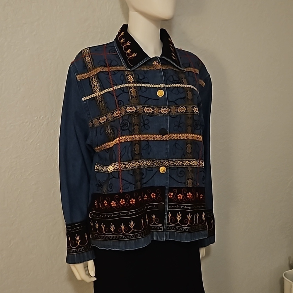 VTG TANTRUMS 1990s Denim Brocade Ribbon Embroidered Button Down Festival Shacket - Picture 2 of 8